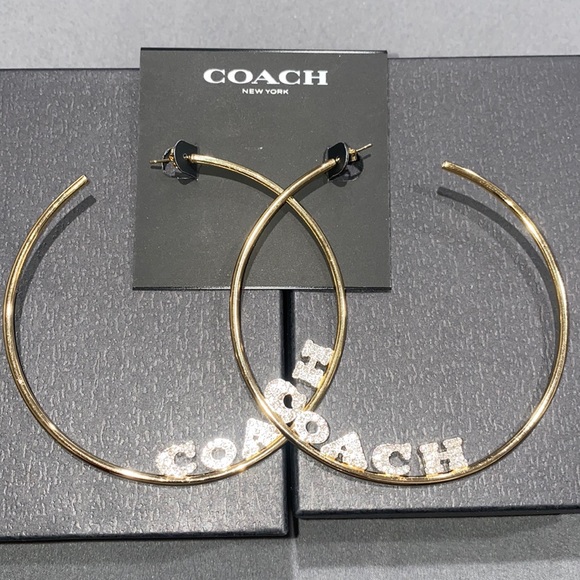 Authentic COACH J.Lo Signature Gold Pave Crystal Sparkle Logo Hoop Earrings - Picture 3 of 5